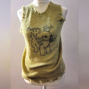 Distressed, Frayed Edge Puppy Sigh Greenish- Yellow Tank Top